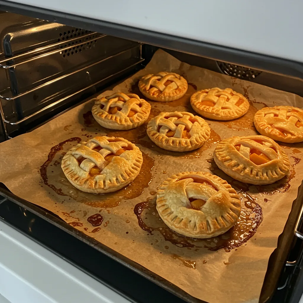 mini-peach-pies-baking-on-parchment-paper-in-the-oven Mini peach pies baking in the oven on a parchment-lined tray, golden crusts forming as they cook.