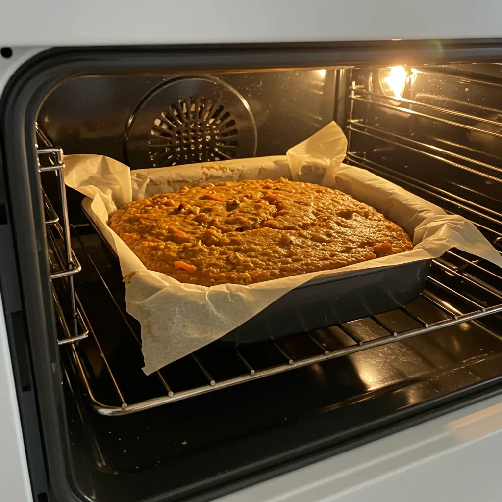 keto-carrot-cake-baking-on-parchment-paper-in-the-oven Keto carrot cake batter baking in the oven, spread evenly in a parchment-lined pan with golden edges forming.
