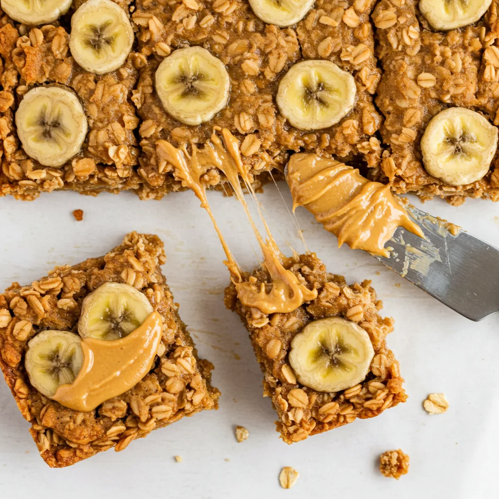 peanut-butter-banana-oatmeal-bars-serving Sliced peanut butter banana oatmeal bars served on a plate