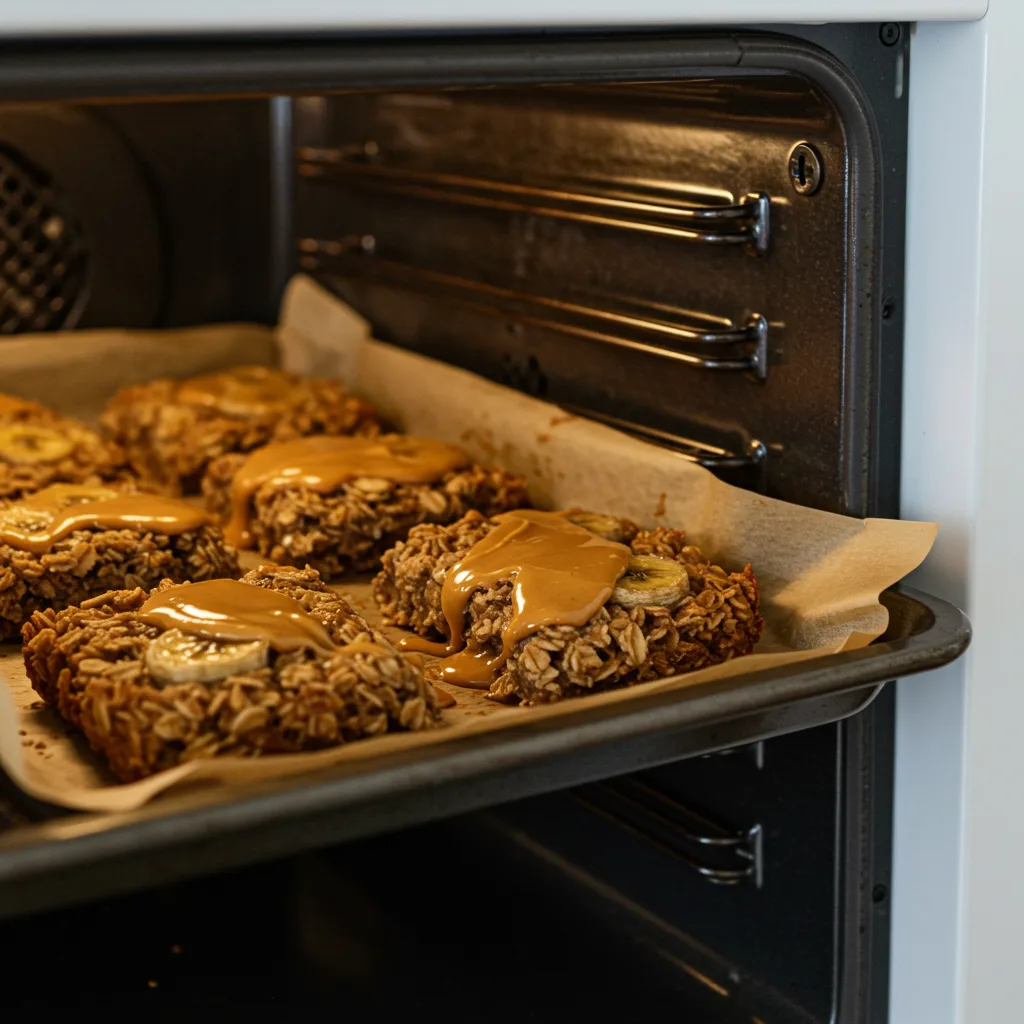 peanut-butter-banana-oatmeal-bars-cooking Peanut butter banana oatmeal bars freshly baked in a white oven, cooling on a baking tray.