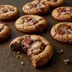 Espresso Chocolate Chip Cookies 3 Freshly baked espresso chocolate chip cookies stacked on a plate, showing gooey chocolate chips and a soft, textured center.