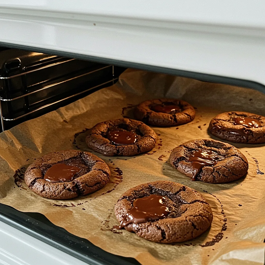 espresso-chocolate-chip-cookies-baking-on-parchment-paper-in-the-oven Espresso chocolate chip cookie dough baking in the oven on a sheet of parchment paper, with melting chocolate chips and a golden glow.