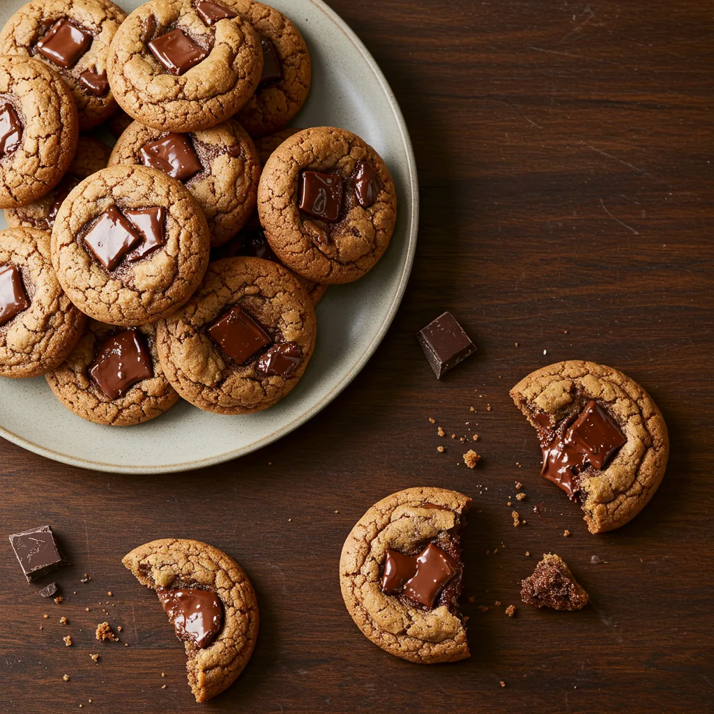 espresso-chocolate-chip-cookies-served-aerial-view Aerial view of espresso chocolate chip cookies arranged on a modern serving plate, ready to be enjoyed.
