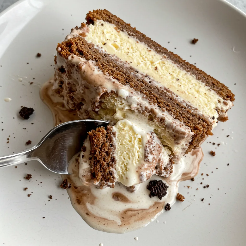 serving-ice-cream-sandwich-cake Slice of ice cream sandwich cake served on a plate with chocolate chips and sprinkles