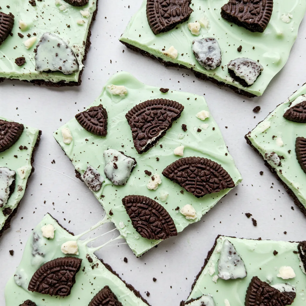 mint-oreo-white-bark-serving Mint Oreo White Bark served on a platter with mint leaf garnish