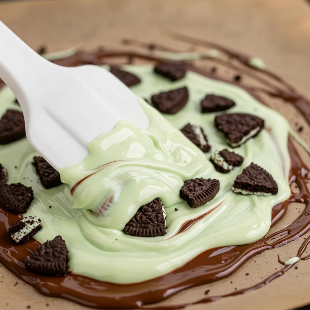 mint-oreo-white-bark-steps Melting white chocolate, mixing in Oreos, spreading mint bark in pan