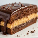 Peanut Butter Chocolate Layer Cake 3 A slice of moist peanut butter chocolate layer cake with glossy chocolate ganache and peanut butter filling oozing out.