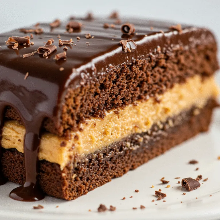 Peanut Butter Chocolate Layer Cake 2 A slice of moist peanut butter chocolate layer cake with glossy chocolate ganache and peanut butter filling oozing out.