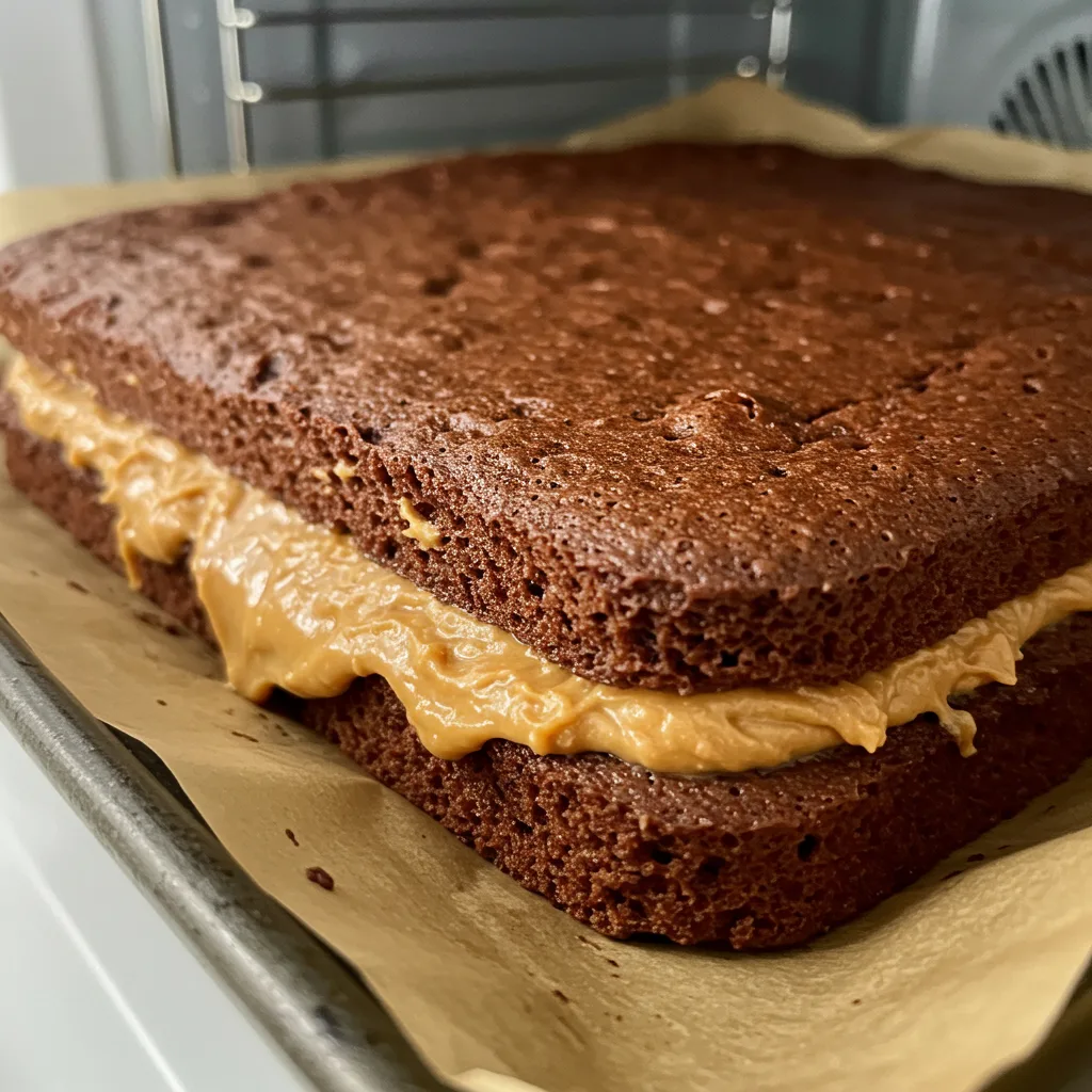 peanut-butter-chocolate-cake-baking-in-the-oven A square peanut butter chocolate cake baking in the oven, with bubbling chocolate batter and oozing peanut butter filling.