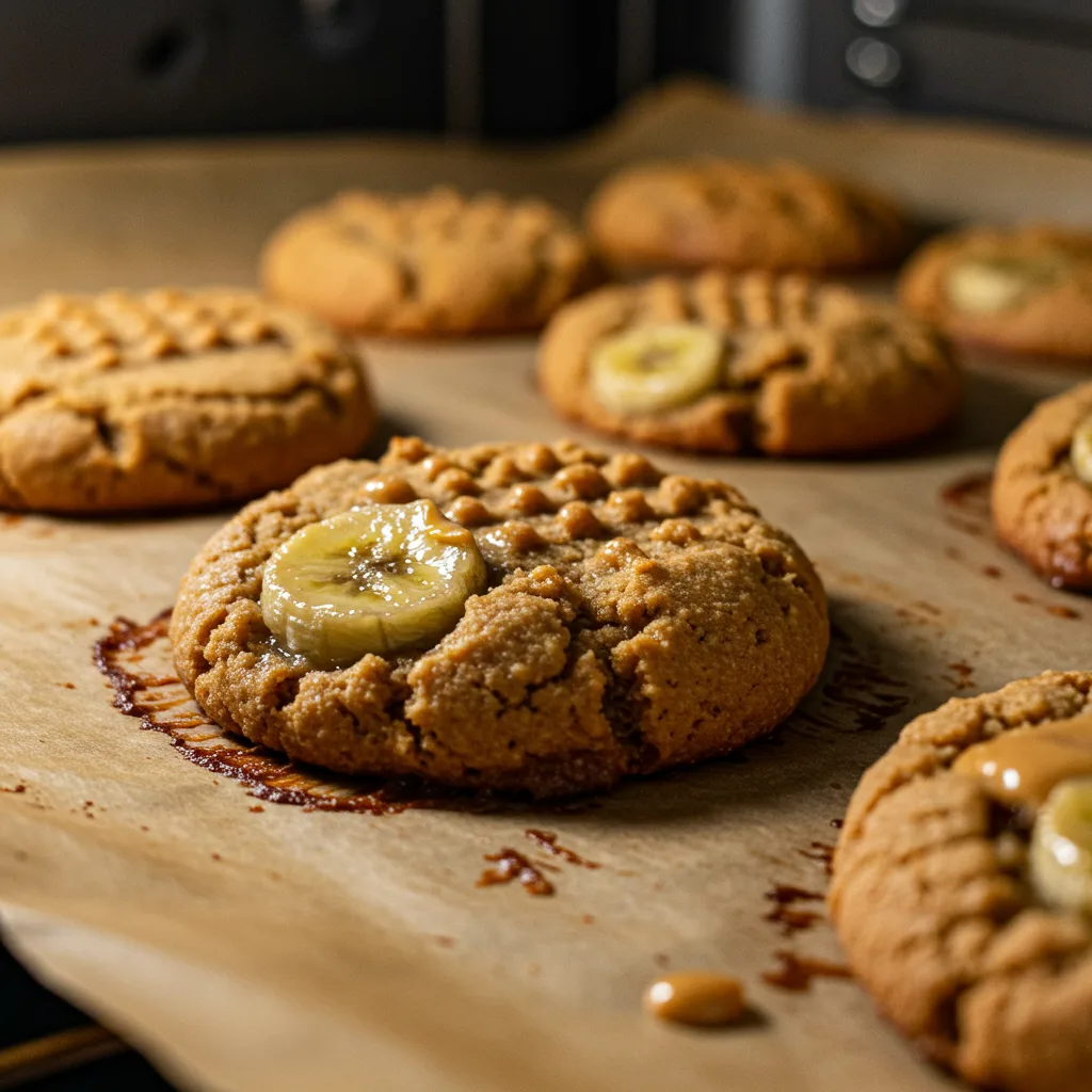 peanut-butter-banana-cookies-baking-to-perfection-in-the-oven Close-up of peanut butter banana cookies baking in a white oven, showing the melting peanut butter and caramelizing banana slices on parchment paper.