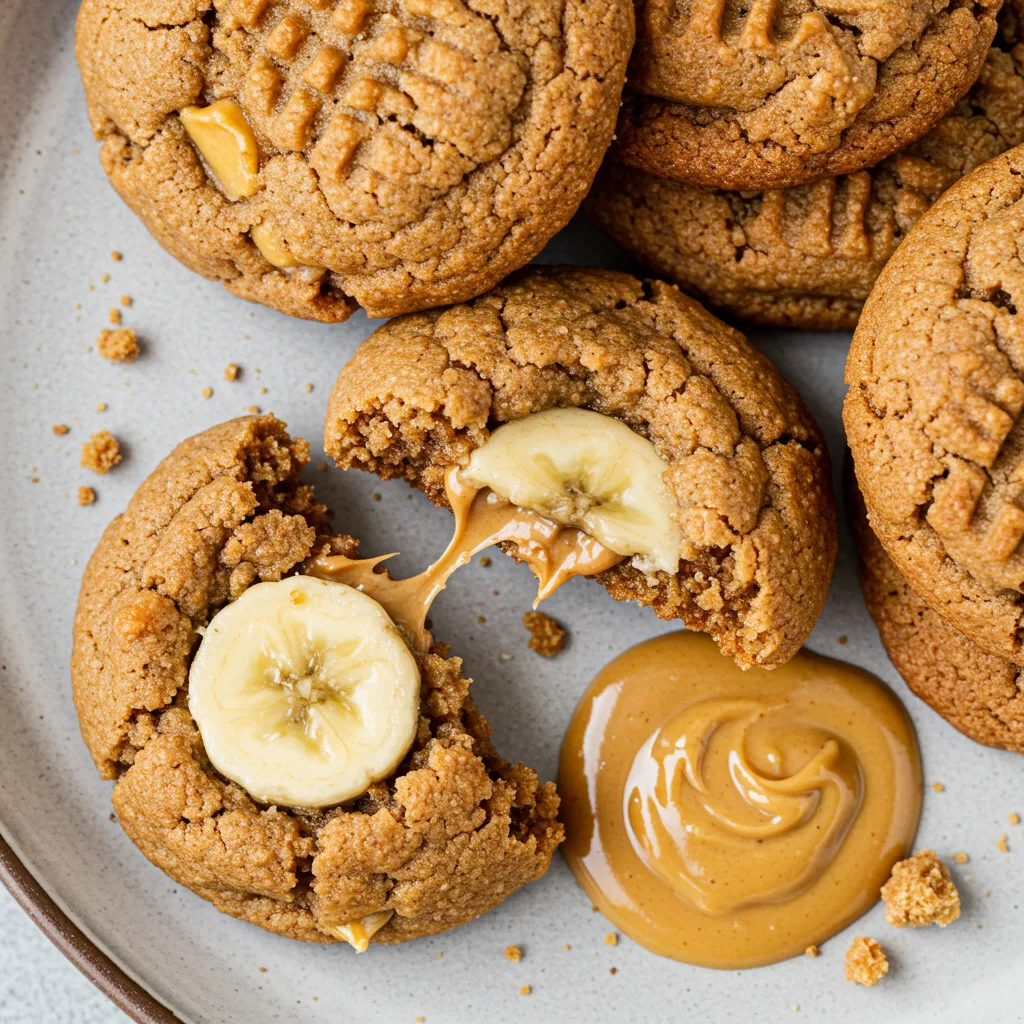 peanut-butter-banana-cookies-serving Peanut butter banana cookies on a plate with a cup of tea