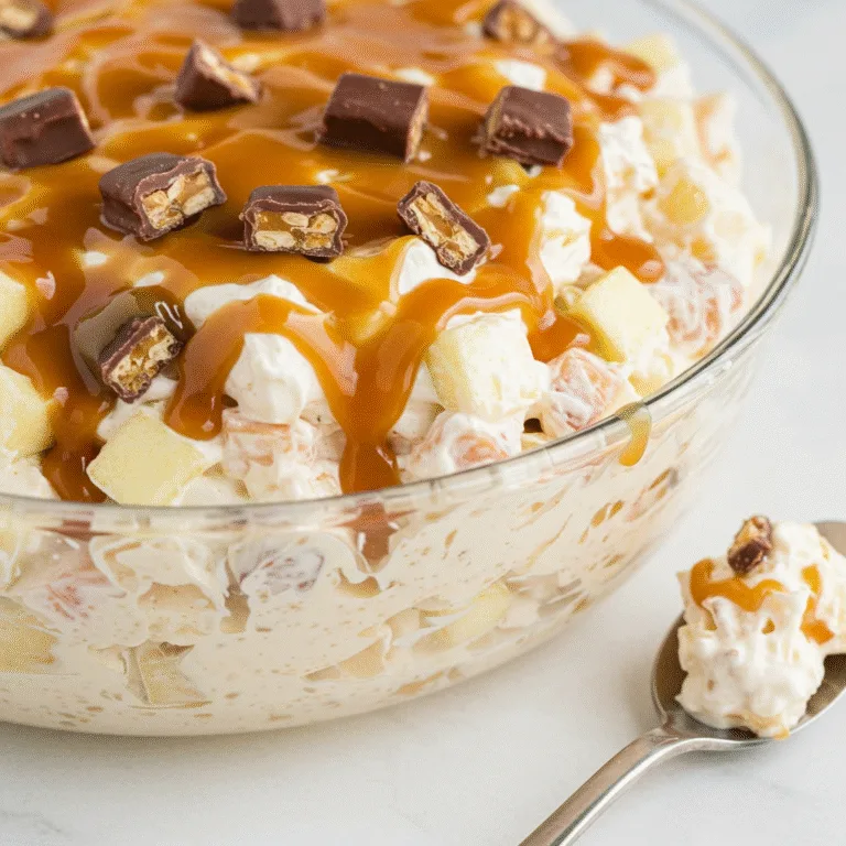 Snickers Apple Caramel Salad 2 Close-up of Snickers Apple Caramel Salad with chopped Snickers, diced apples, and a glossy caramel drizzle on a white table.