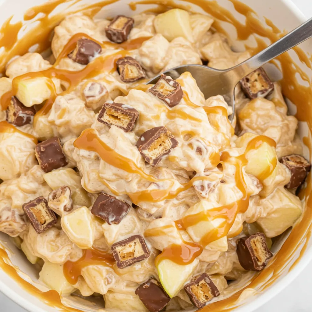serving-snickers-apple-caramel-salad Aerial view of Snickers Apple Caramel Salad in a bowl, with gooey caramel and creamy dressing, showing chunks of Snickers and apples on a white table.