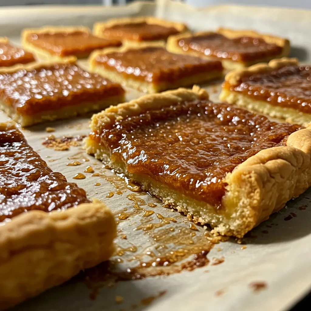bubbling-butter-tart-squares-in-the-oven Close-up of butter tart squares in the oven, with gooey filling bubbling up and crust edges browning on parchment paper