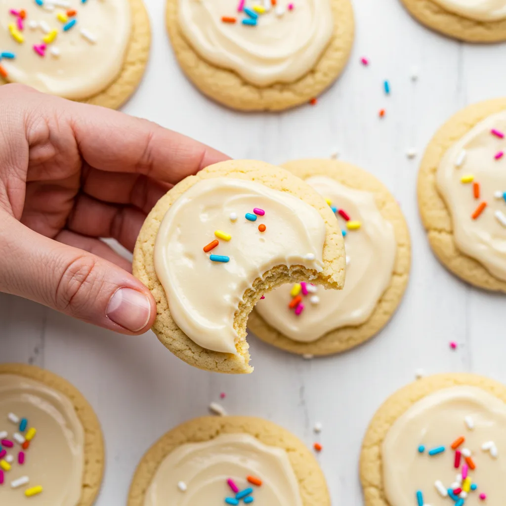 fresh-frosted-sugar-cookies-being-served-with-bite-taken A close-up, top-down view of frosted sugar cookies with a bite taken out, showcasing the soft interior and glossy icing.