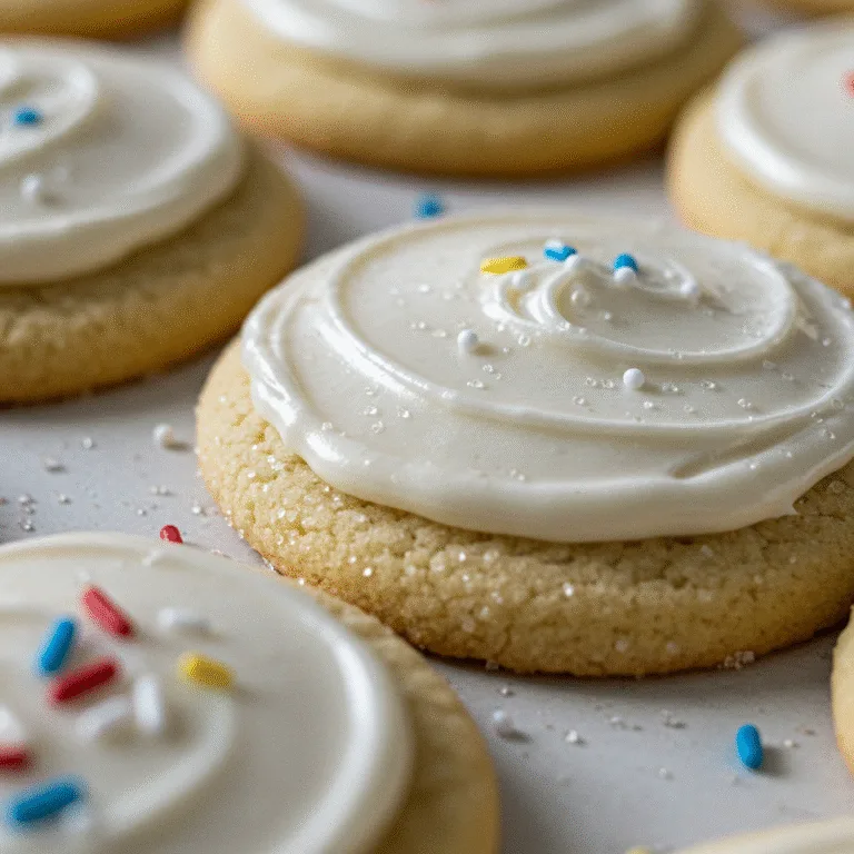 Close-up of frosted sugar cookies with glossy icing and colorful sprinkles on a white table.