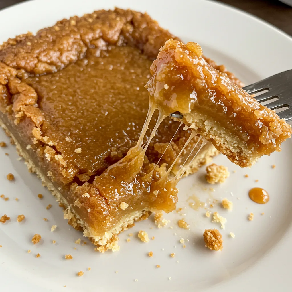 serving-butter-tart-squares A butter tart square being served with a fork pulling away a gooey bite and a drop of syrup on a white plate.