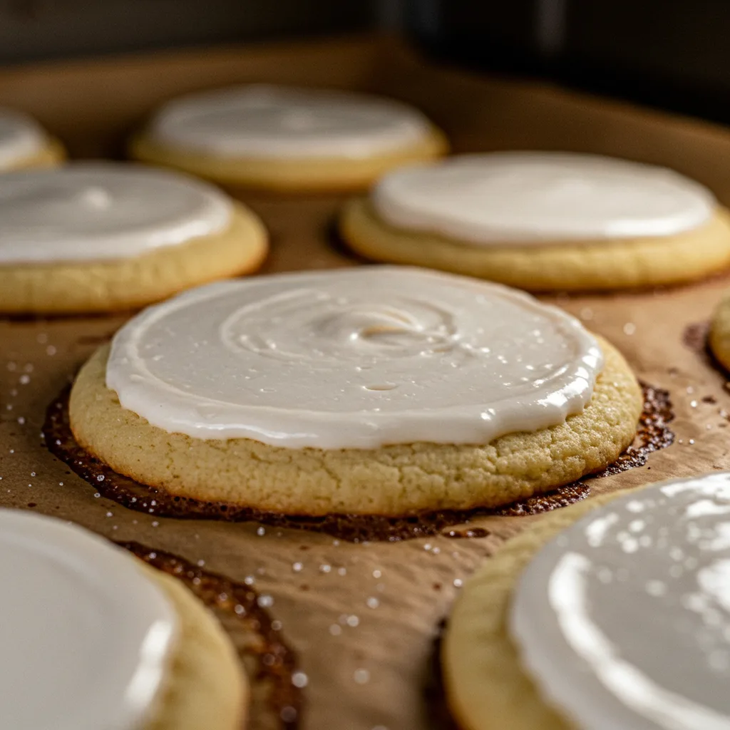 sugar-cookies-baking-with-melted-frosting-in-oven Close-up of frosted sugar cookies baking in the oven with bubbling frosting and slight browning