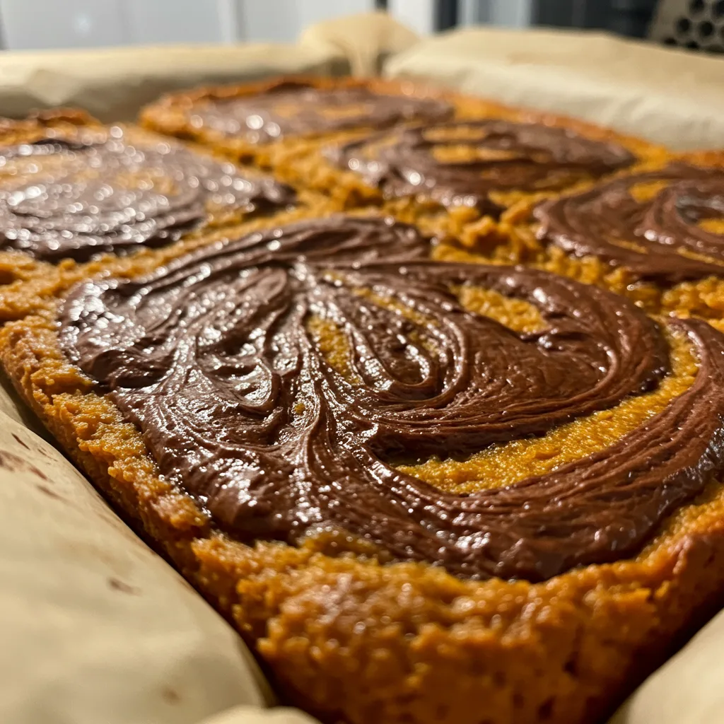 pumpkin-bars-baking-in-oven Pumpkin bars with chocolate swirl baking on parchment paper in a white oven.