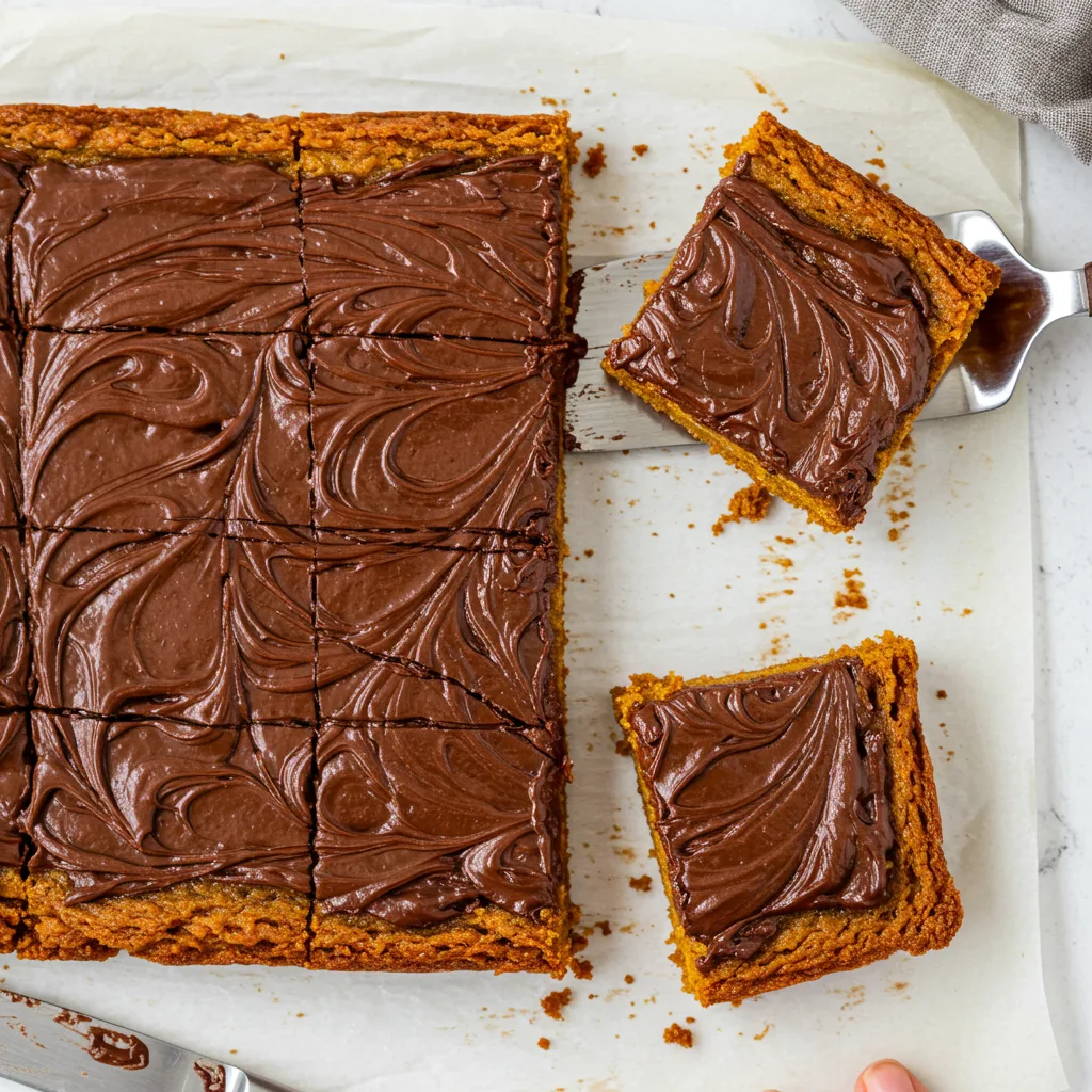serving-fudgy-pumpkin-bars-chocolate-swirl serving fudgy pumpkin bars with chocolate swirl